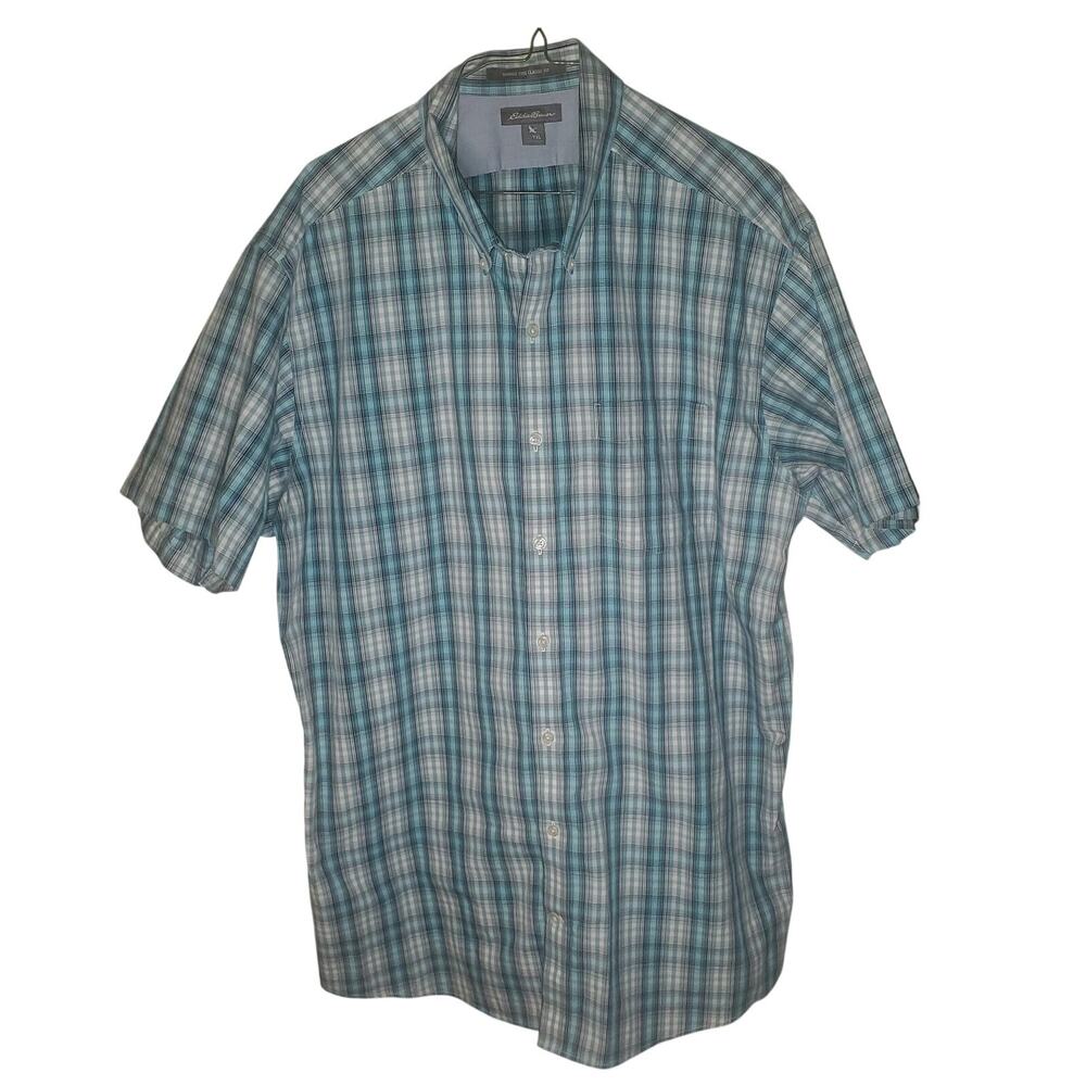 Eddie Bauer Button Shirt SS Wrinkle Free Blue Teal White Plaid Classic Fit XLT